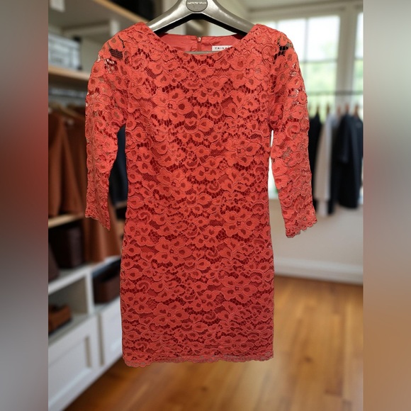 Trina Turk Pre-Owned Size 2 Elegant Coral Lace Long Sleeve Mini Cocktail Dress - Picture 2 of 11